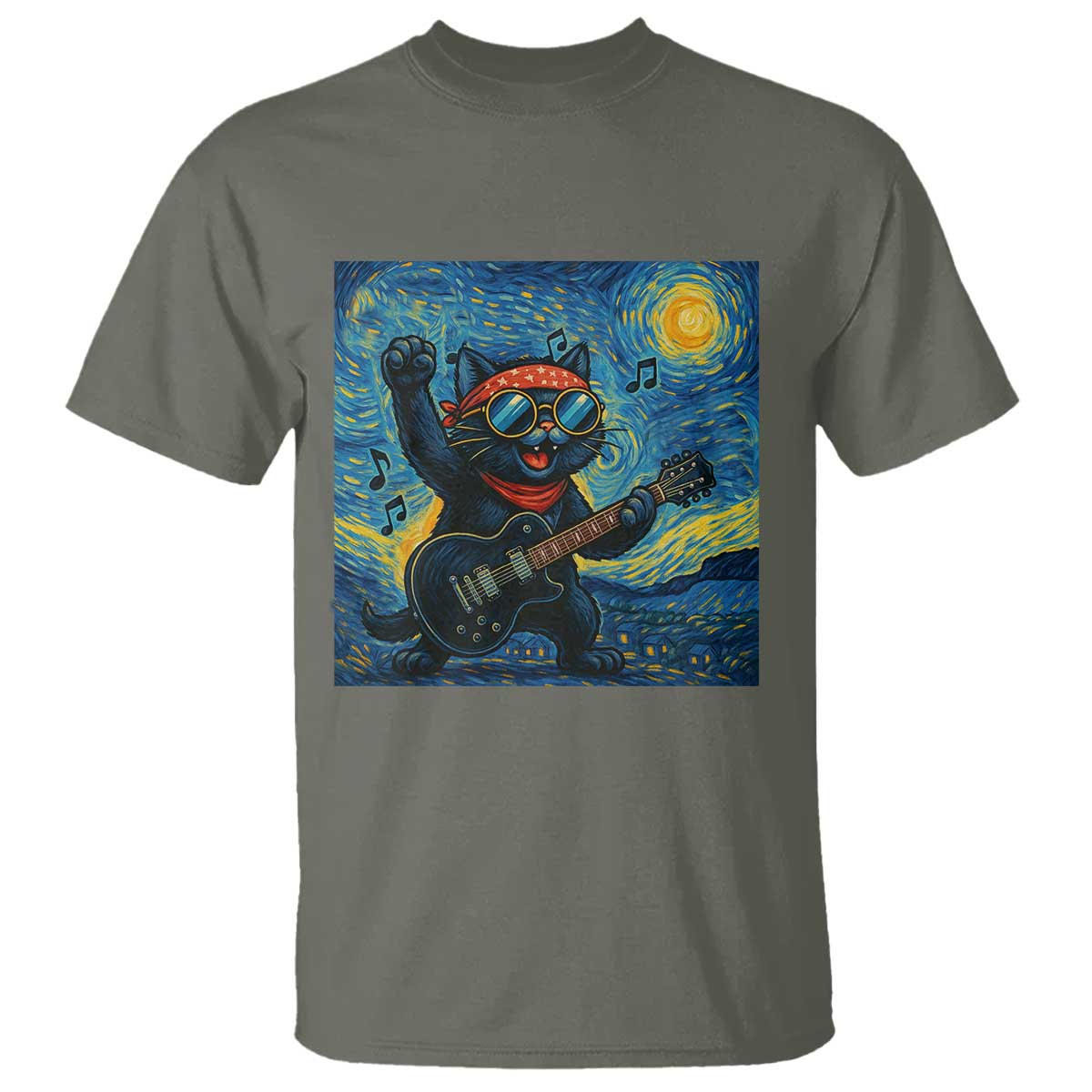 Funny Rock And Roll T Shirt Cat Playing Guitar Starry Night Music Lover TS12 Military Green Print Your Wear