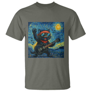 Funny Rock And Roll T Shirt Cat Playing Guitar Starry Night Music Lover TS12 Military Green Print Your Wear