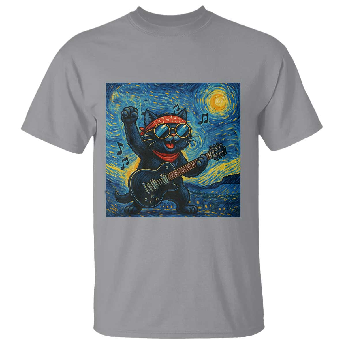 Funny Rock And Roll T Shirt Cat Playing Guitar Starry Night Music Lover TS12 Sport Gray Print Your Wear