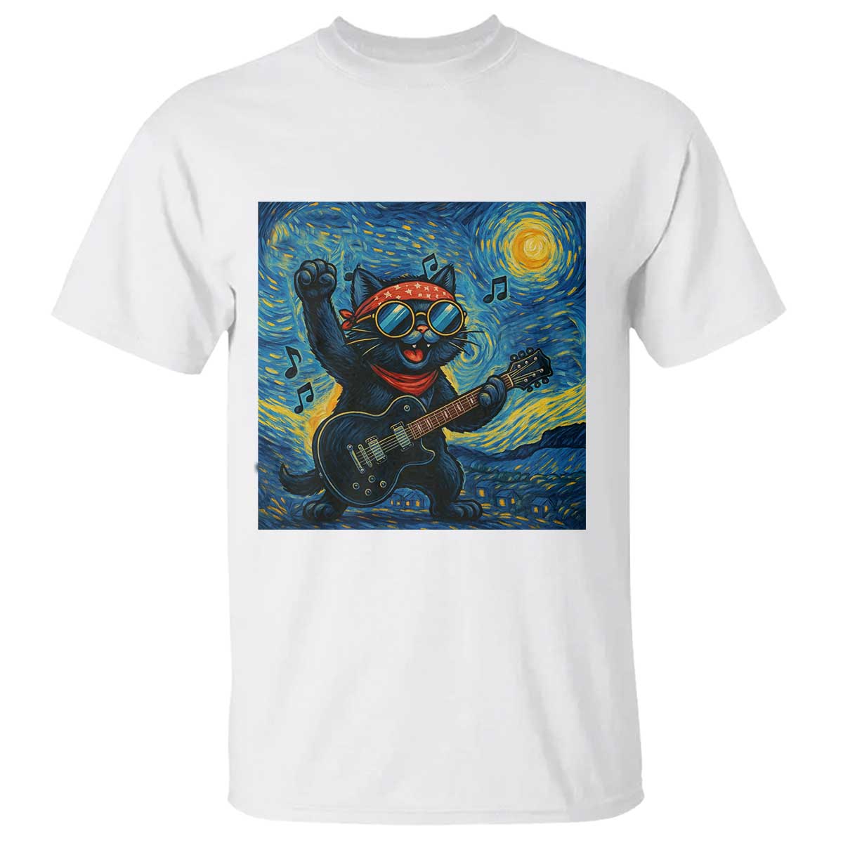 Funny Rock And Roll T Shirt Cat Playing Guitar Starry Night Music Lover TS12 White Print Your Wear