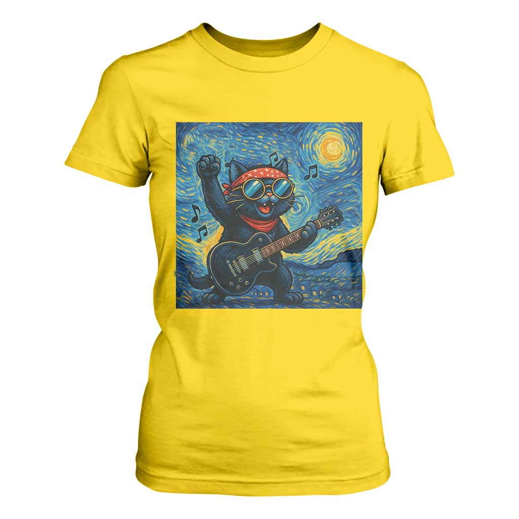 Funny Rock And Roll T Shirt For Women Cat Playing Guitar Starry Night Music Lover TS12 Daisy Print Your Wear