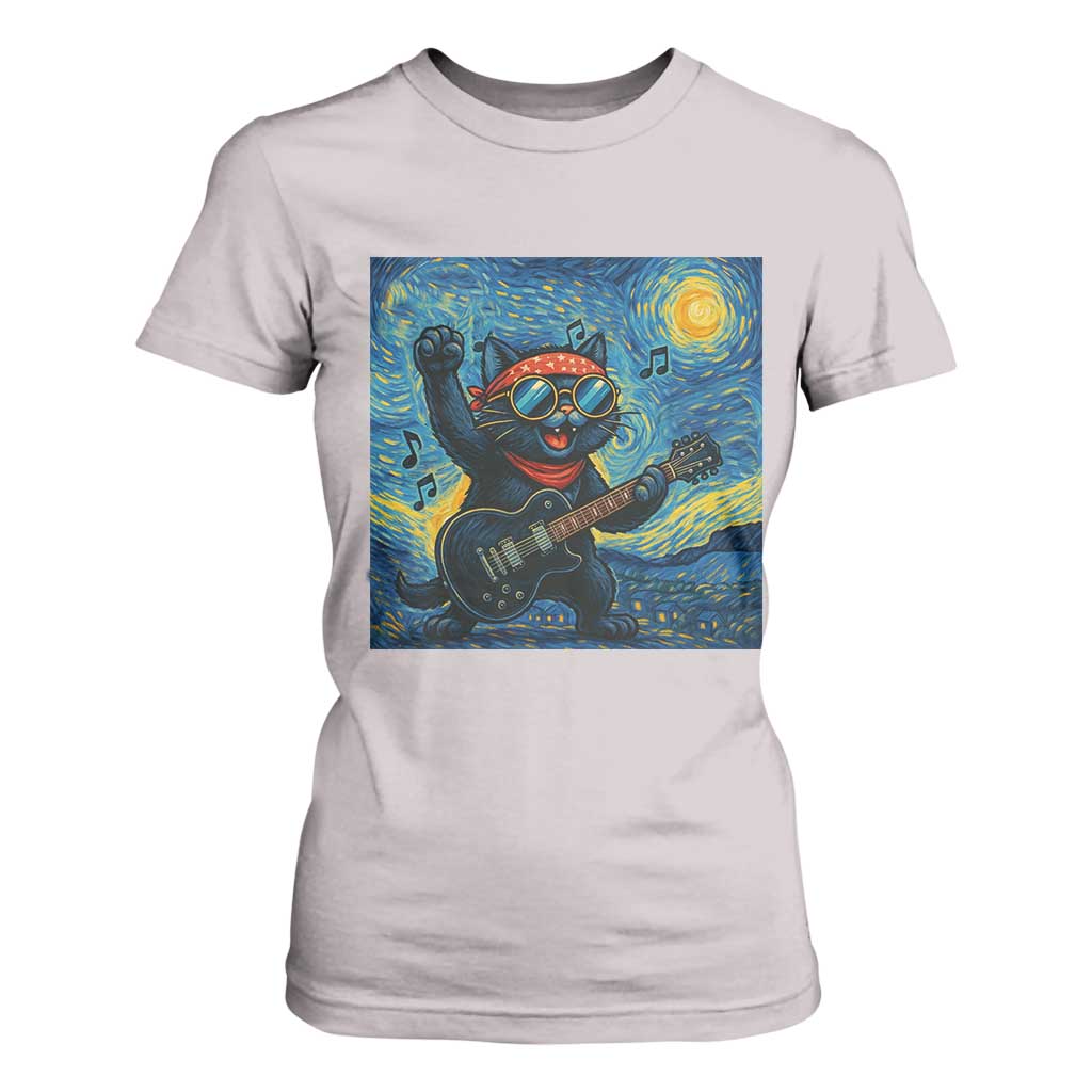 Funny Rock And Roll T Shirt For Women Cat Playing Guitar Starry Night Music Lover TS12 Ice Gray Print Your Wear