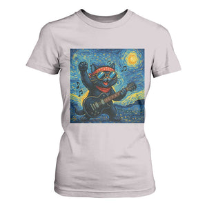 Funny Rock And Roll T Shirt For Women Cat Playing Guitar Starry Night Music Lover TS12 Ice Gray Print Your Wear