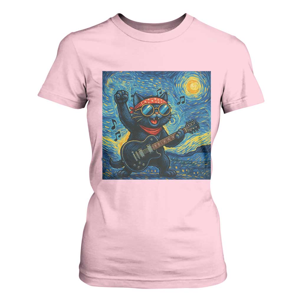 Funny Rock And Roll T Shirt For Women Cat Playing Guitar Starry Night Music Lover TS12 Light Pink Print Your Wear