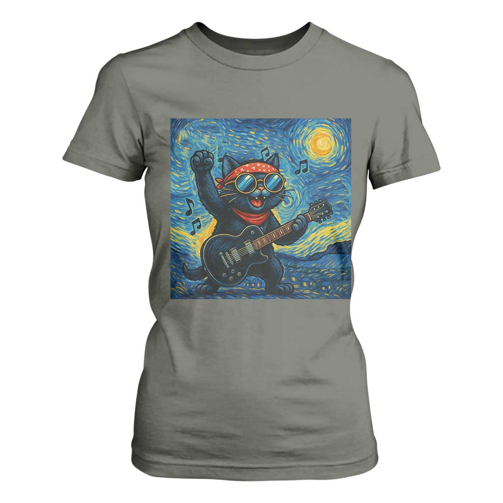 Funny Rock And Roll T Shirt For Women Cat Playing Guitar Starry Night Music Lover TS12 Military Green Print Your Wear