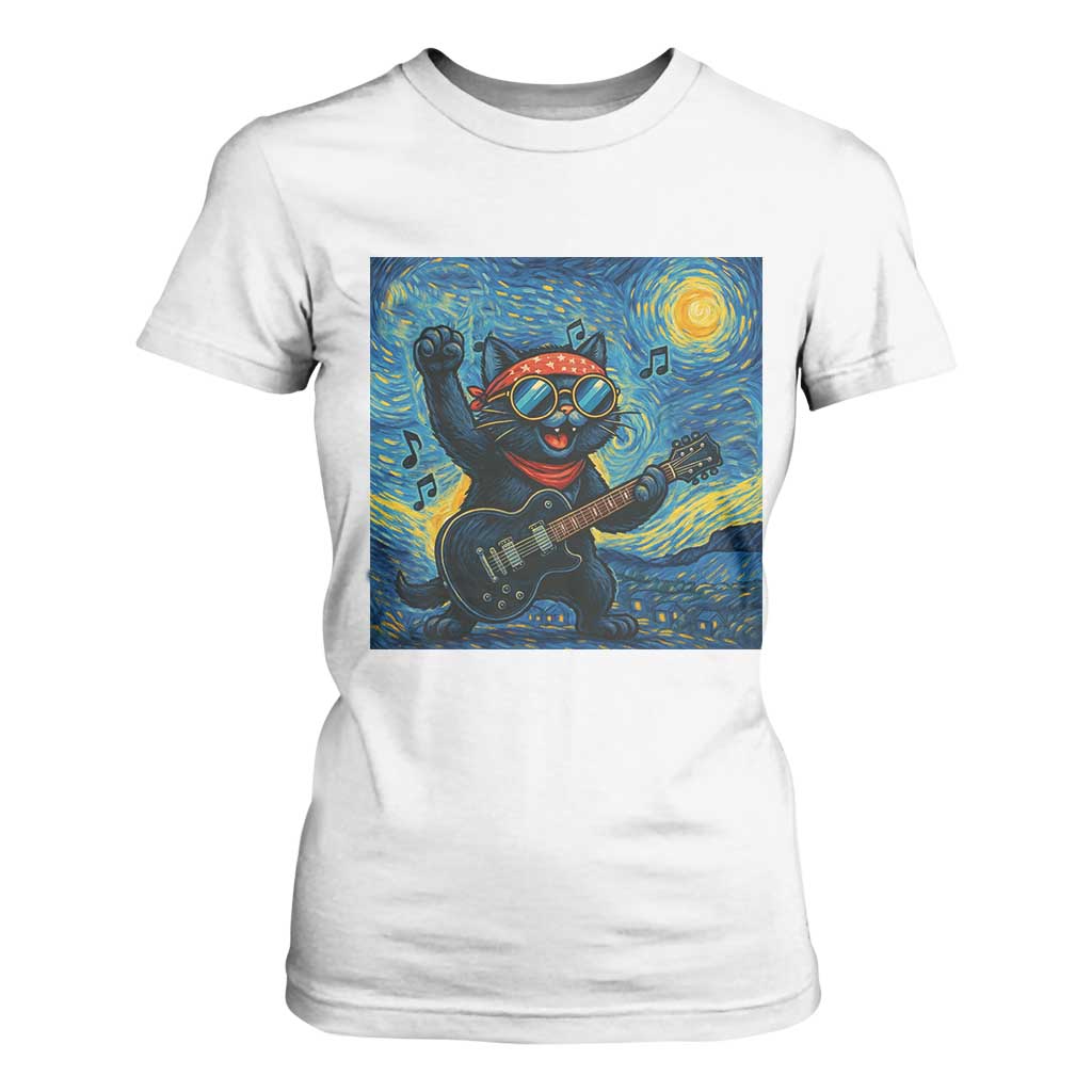 Funny Rock And Roll T Shirt For Women Cat Playing Guitar Starry Night Music Lover TS12 White Print Your Wear
