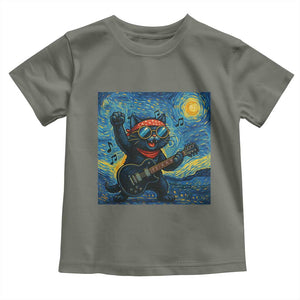 Funny Rock And Roll Toddler T Shirt Cat Playing Guitar Starry Night Music Lover TS12 Military Green Print Your Wear