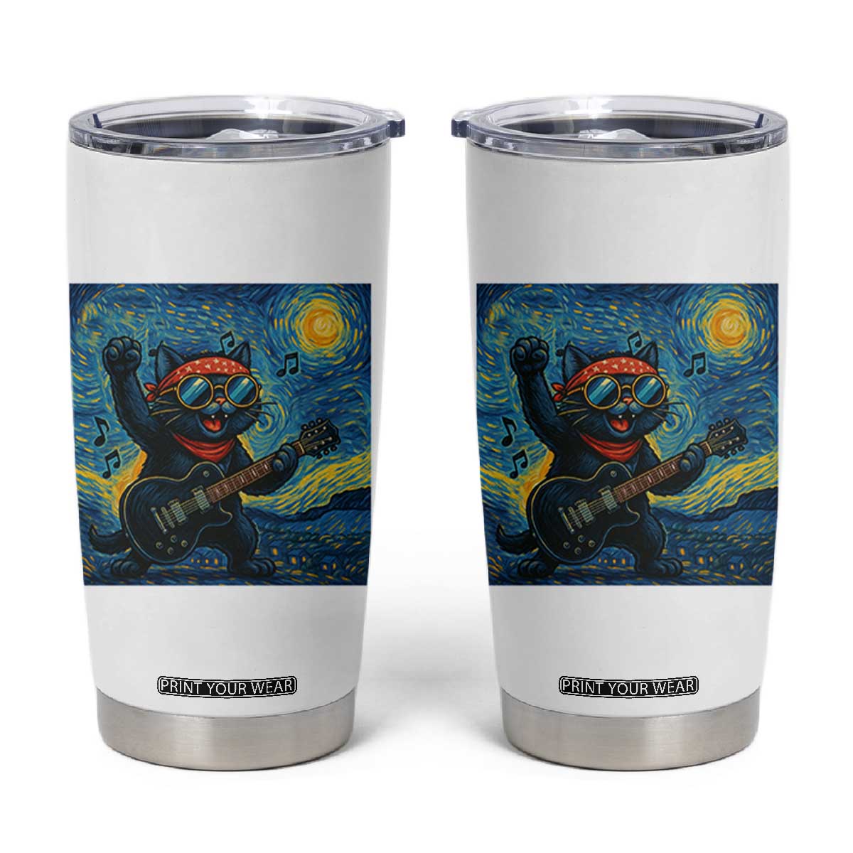 Funny Rock And Roll Tumbler Cup Cat Playing Guitar Starry Night Music Lover TS12 White Print Your Wear