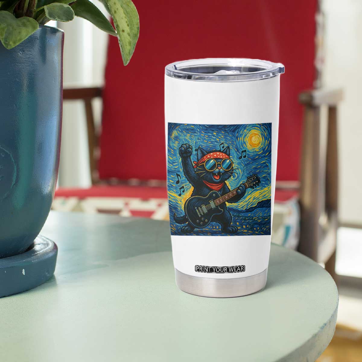 Funny Rock And Roll Tumbler Cup Cat Playing Guitar Starry Night Music Lover TS12 Print Your Wear
