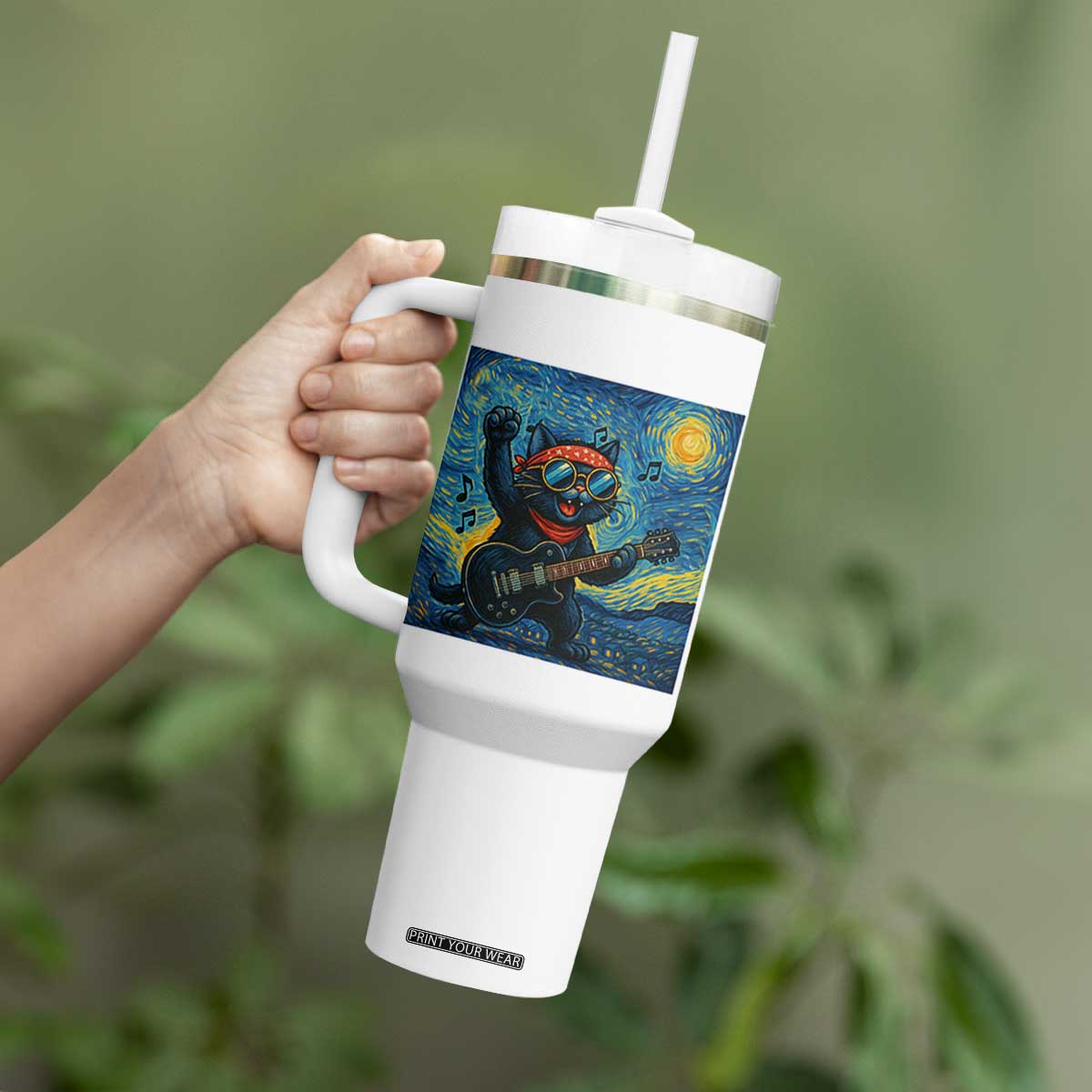 Funny Rock And Roll Tumbler With Handle Cat Playing Guitar Starry Night Music Lover TS12 Print Your Wear