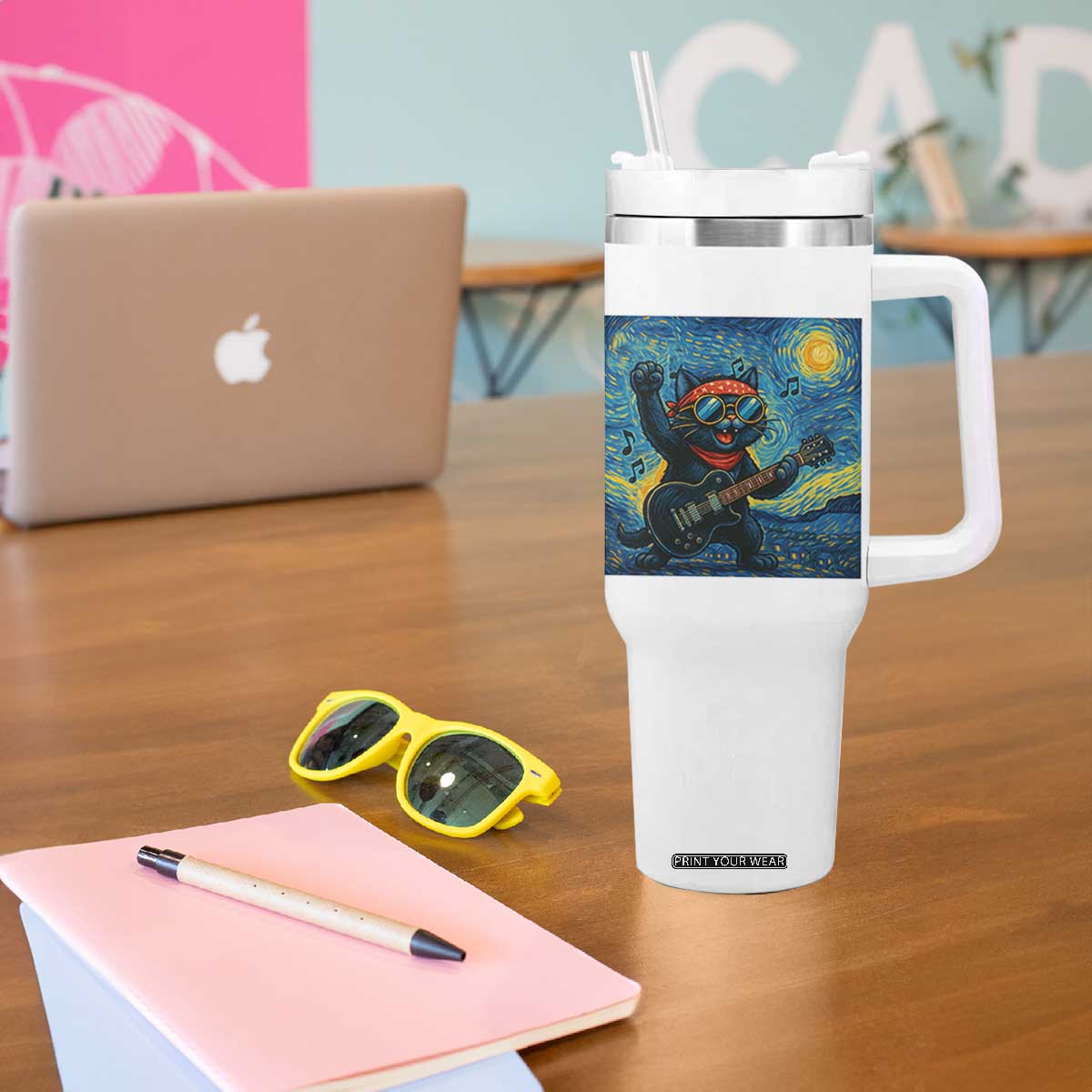 Funny Rock And Roll Tumbler With Handle Cat Playing Guitar Starry Night Music Lover TS12 Print Your Wear