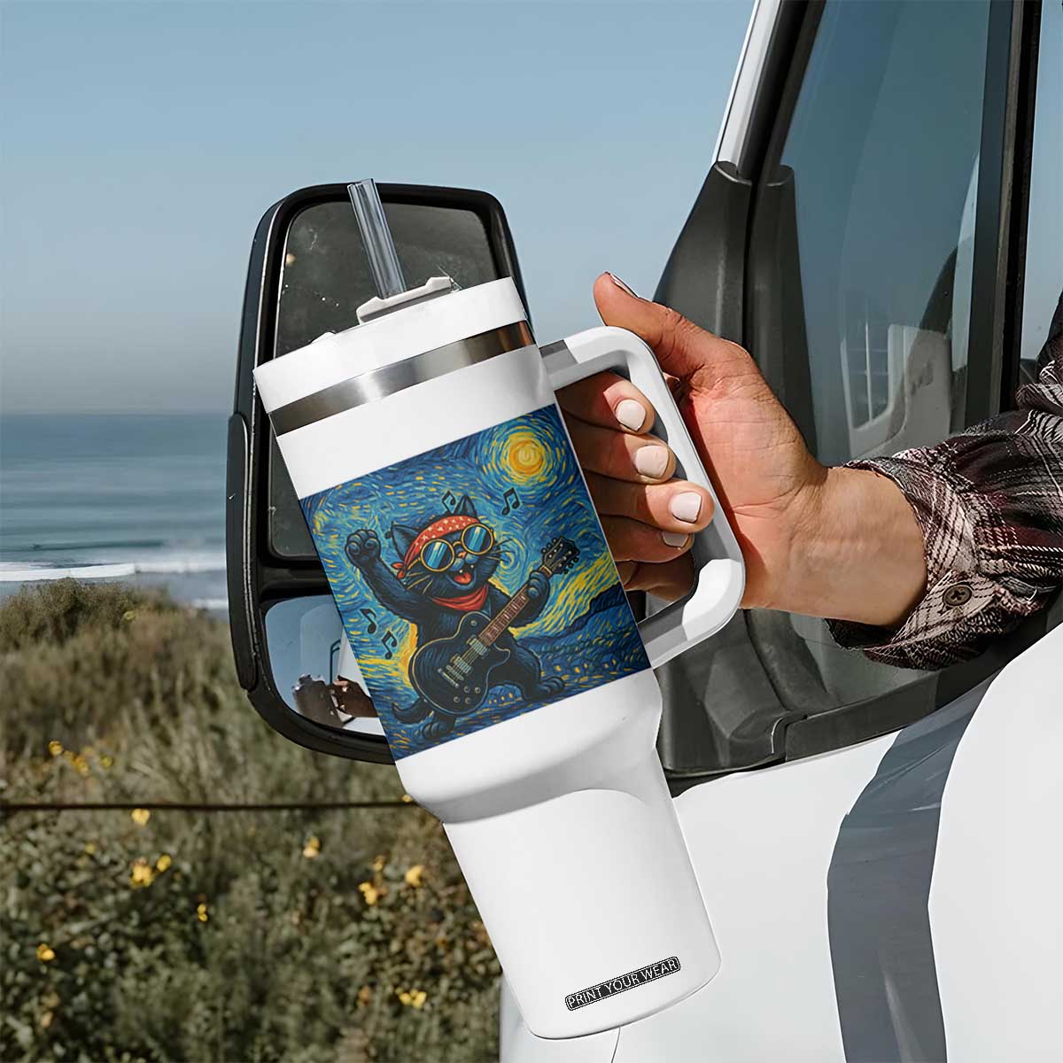 Funny Rock And Roll Tumbler With Handle Cat Playing Guitar Starry Night Music Lover TS12 Print Your Wear