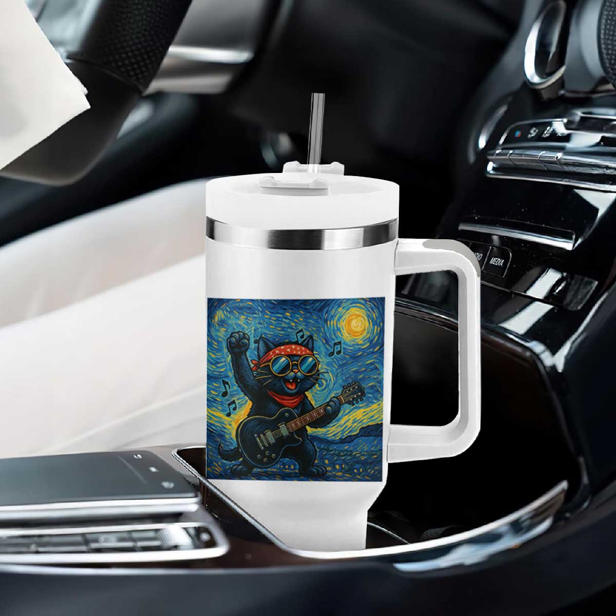 Funny Rock And Roll Tumbler With Handle Cat Playing Guitar Starry Night Music Lover TS12 Print Your Wear
