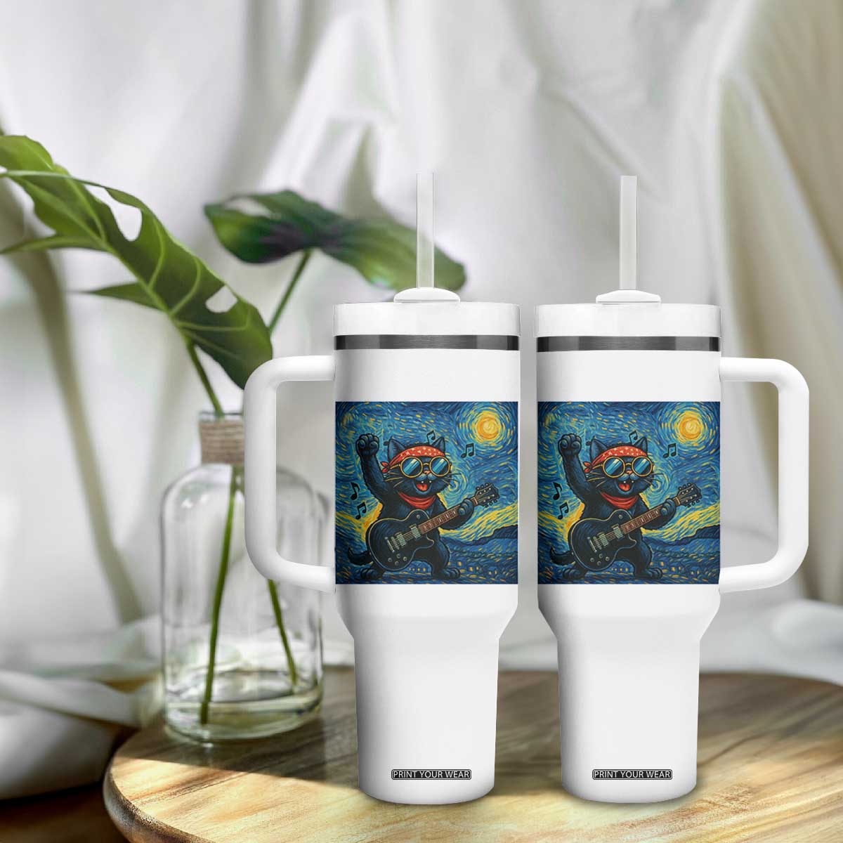 Funny Rock And Roll Tumbler With Handle Cat Playing Guitar Starry Night Music Lover TS12 Print Your Wear