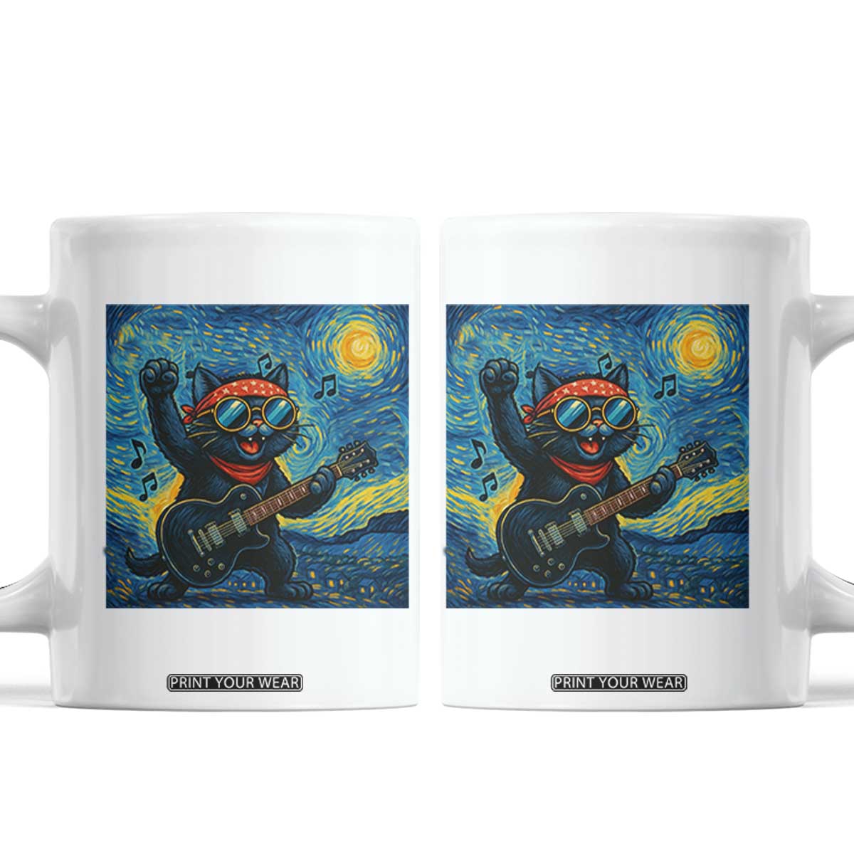 Funny Rock And Roll Coffee Mug Cat Playing Guitar Starry Night Music Lover TS12 White Print Your Wear