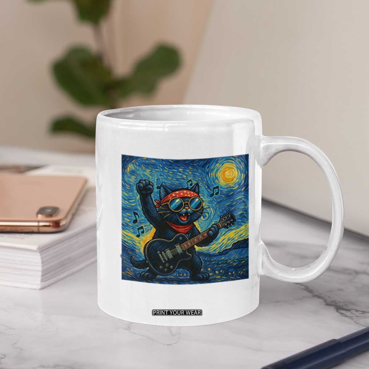 Funny Rock And Roll Coffee Mug Cat Playing Guitar Starry Night Music Lover TS12 Print Your Wear