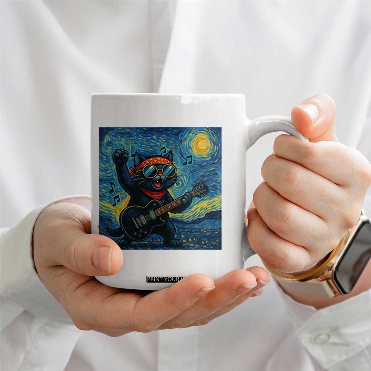 Funny Rock And Roll Coffee Mug Cat Playing Guitar Starry Night Music Lover TS12 Print Your Wear
