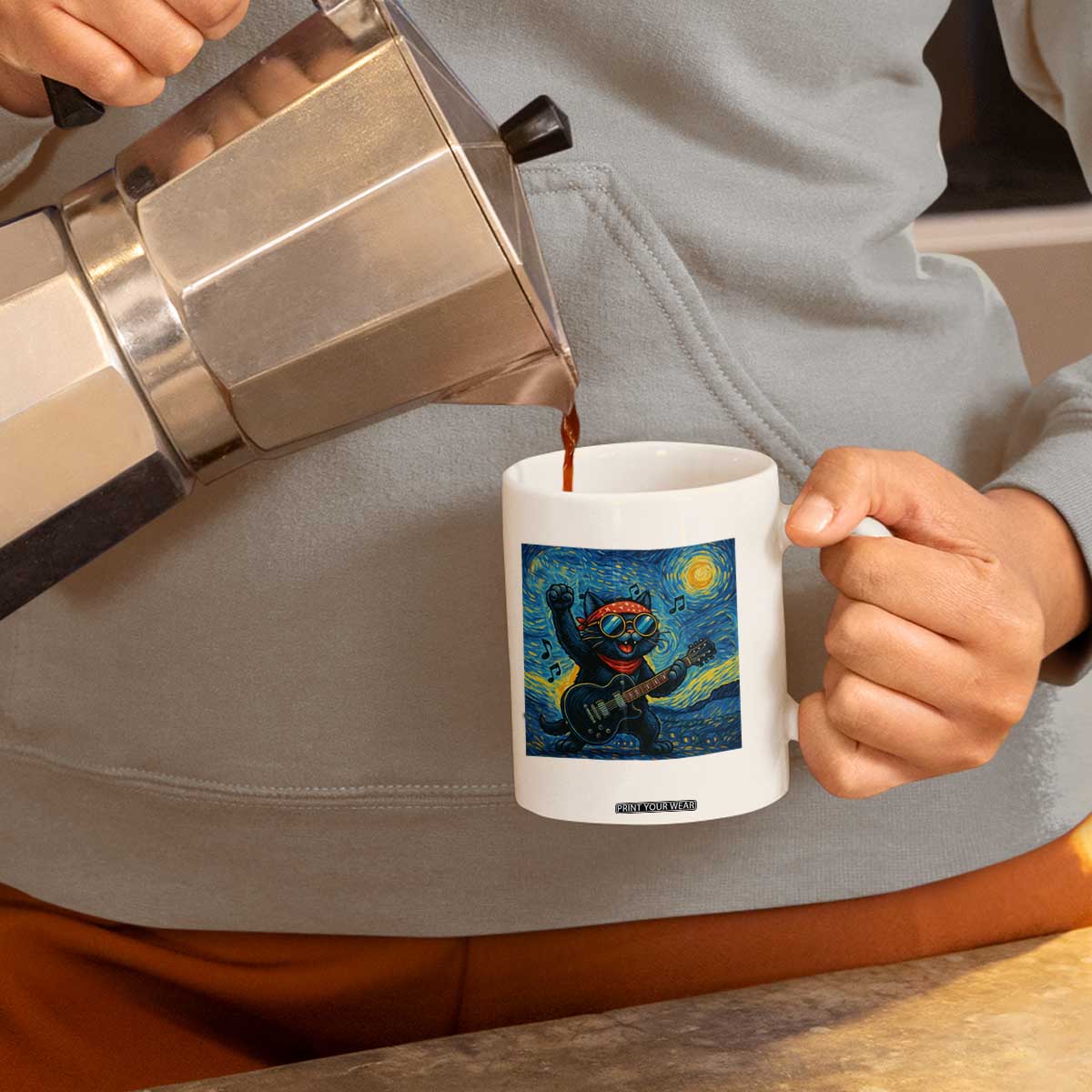 Funny Rock And Roll Coffee Mug Cat Playing Guitar Starry Night Music Lover TS12 Print Your Wear