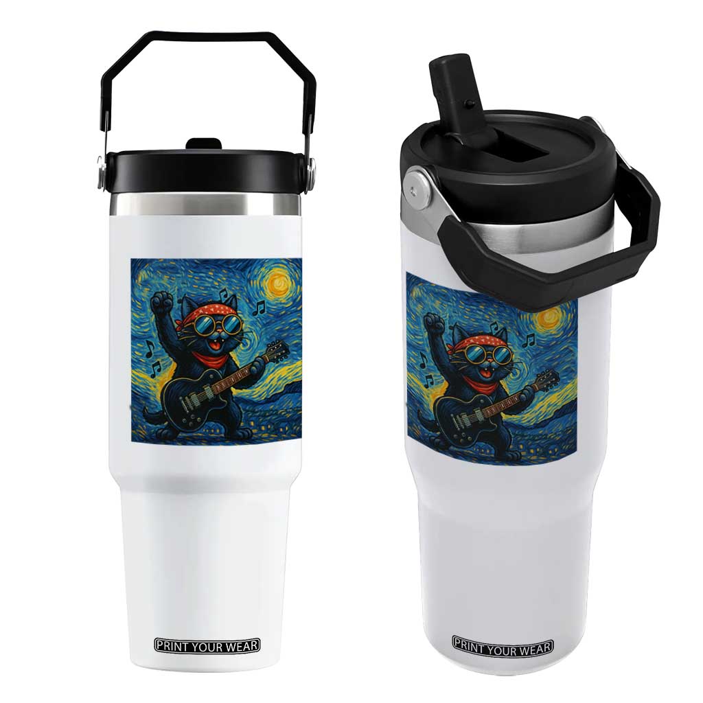 Funny Rock And Roll Flip Straw Tumbler Cat Playing Guitar Starry Night Music Lover TS12 One Size: 30 oz White Print Your Wear