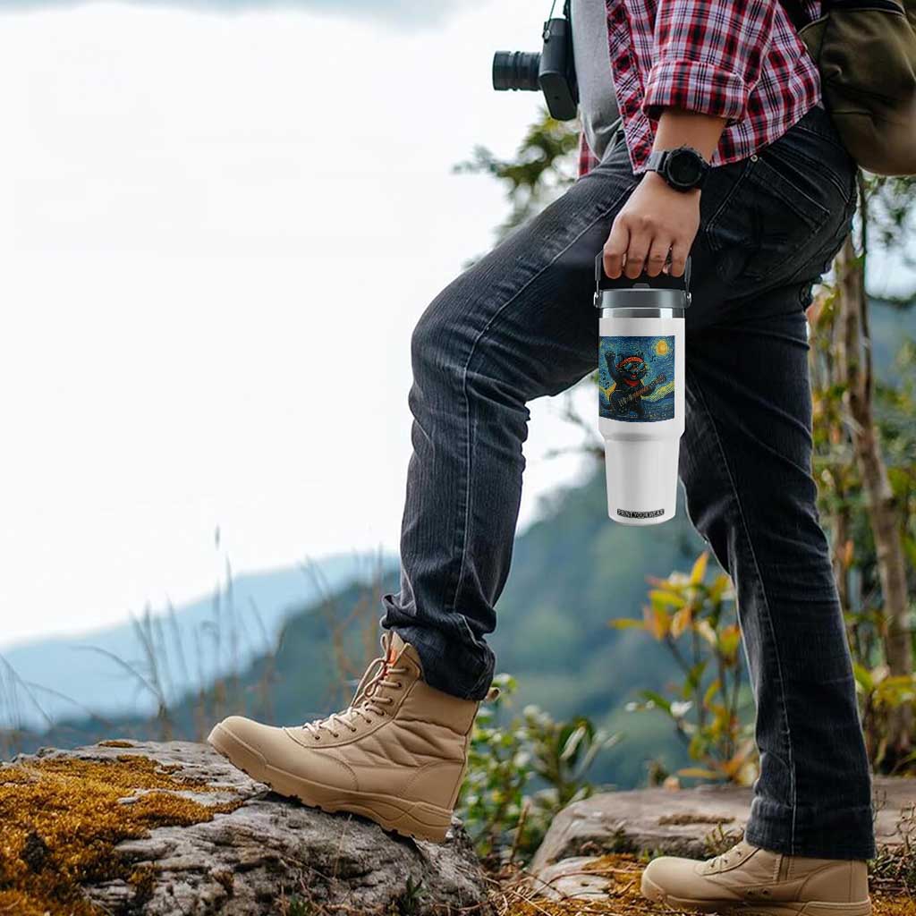 Funny Rock And Roll Flip Straw Tumbler Cat Playing Guitar Starry Night Music Lover TS12 Print Your Wear