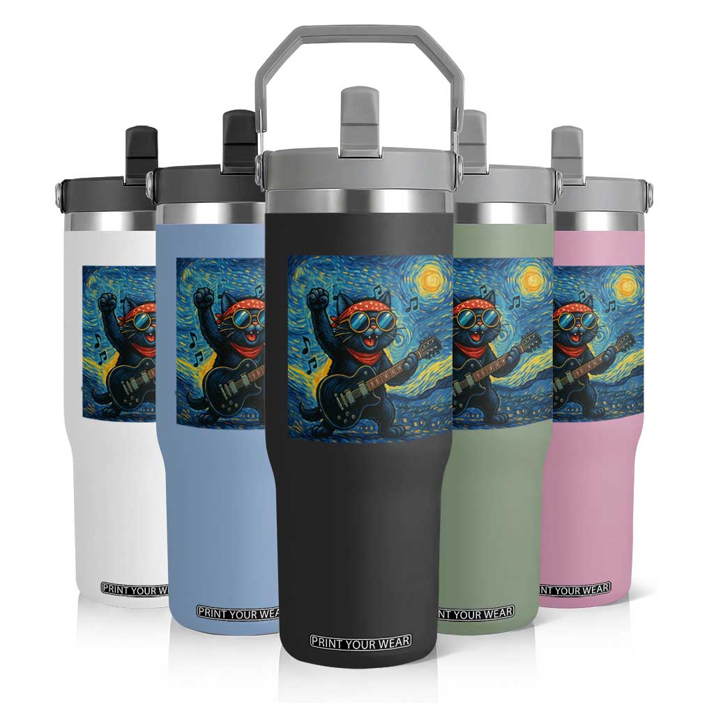 Funny Rock And Roll Flip Straw Tumbler Cat Playing Guitar Starry Night Music Lover TS12 Print Your Wear