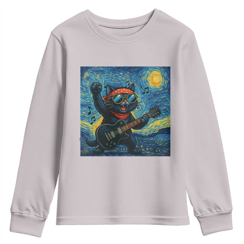 Funny Rock And Roll Youth Sweatshirt Cat Playing Guitar Starry Night Music Lover TS12 Ice Gray Print Your Wear