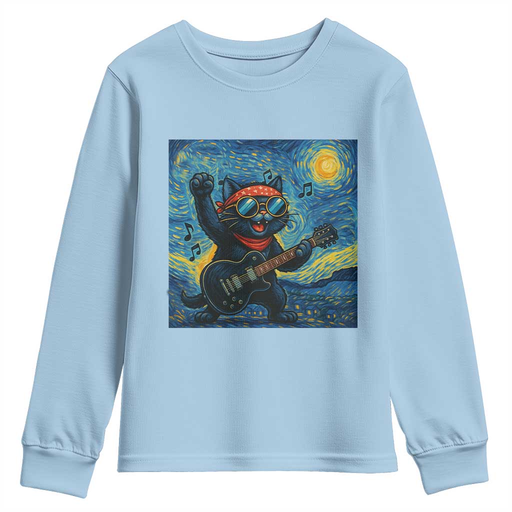 Funny Rock And Roll Youth Sweatshirt Cat Playing Guitar Starry Night Music Lover TS12 Light Blue Print Your Wear