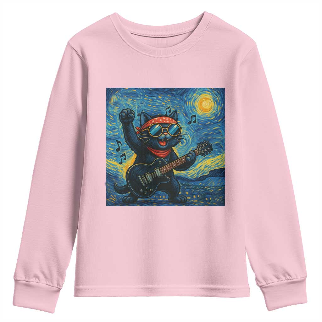 Funny Rock And Roll Youth Sweatshirt Cat Playing Guitar Starry Night Music Lover TS12 Light Pink Print Your Wear