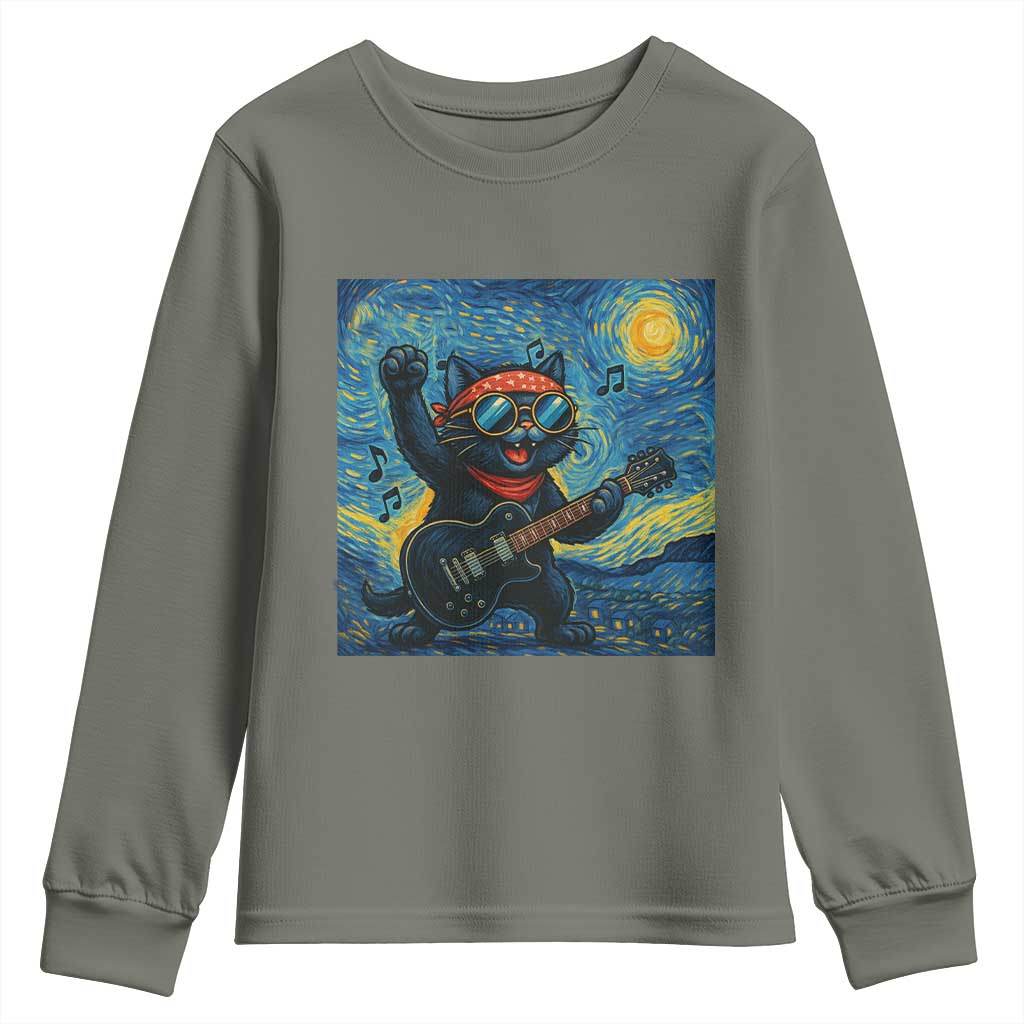 Funny Rock And Roll Youth Sweatshirt Cat Playing Guitar Starry Night Music Lover TS12 Military Green Print Your Wear
