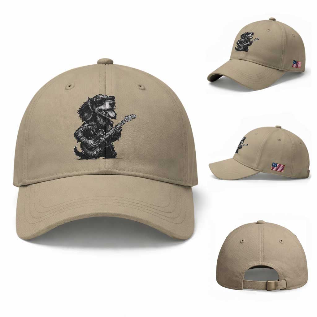 Rock And Roll Dachshund Baseball Cap Dog Playing Guitar Music Lover TS12 Baseball Cap Universal Fit Khaki Print Your Wear