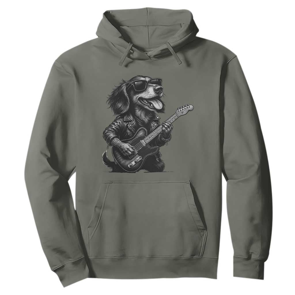 Rock And Roll Dachshund Hoodie Dog Playing Guitar Music Lover TS12 Military Green Print Your Wear
