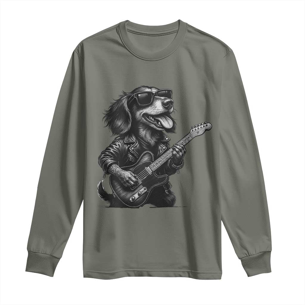 Rock And Roll Dachshund Long Sleeve Shirt Dog Playing Guitar Music Lover TS12 Military Green Print Your Wear
