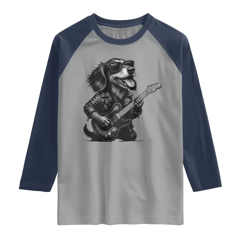 Rock And Roll Dachshund Raglan Shirt Dog Playing Guitar Music Lover TS12 Sport Gray Navy Print Your Wear