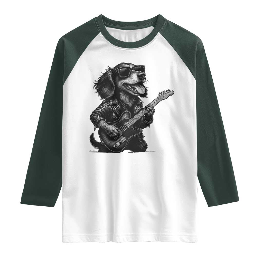 Rock And Roll Dachshund Raglan Shirt Dog Playing Guitar Music Lover TS12 White Dark Forest Green Print Your Wear