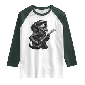 Rock And Roll Dachshund Raglan Shirt Dog Playing Guitar Music Lover TS12 White Dark Forest Green Print Your Wear