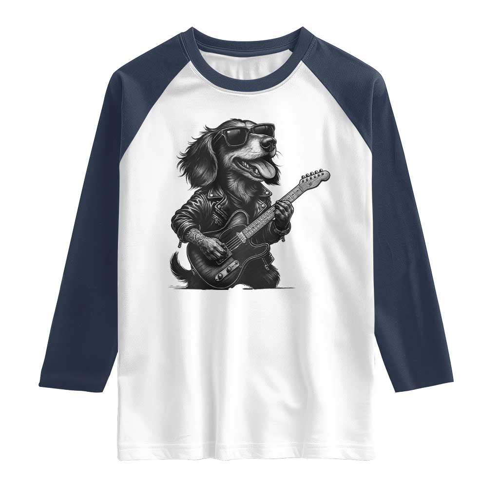 Rock And Roll Dachshund Raglan Shirt Dog Playing Guitar Music Lover TS12 White Navy Print Your Wear