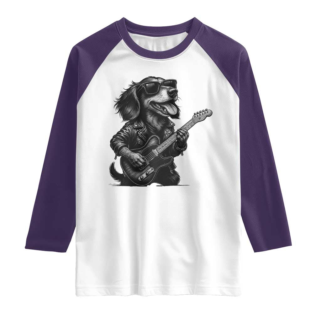 Rock And Roll Dachshund Raglan Shirt Dog Playing Guitar Music Lover TS12 White Purple Print Your Wear