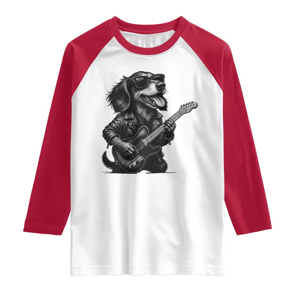 Rock And Roll Dachshund Raglan Shirt Dog Playing Guitar Music Lover TS12 White Red Print Your Wear
