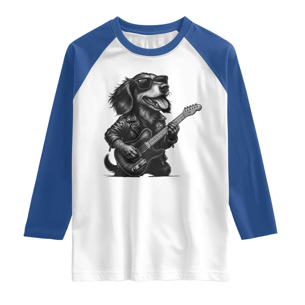 Rock And Roll Dachshund Raglan Shirt Dog Playing Guitar Music Lover TS12 White Royal Print Your Wear