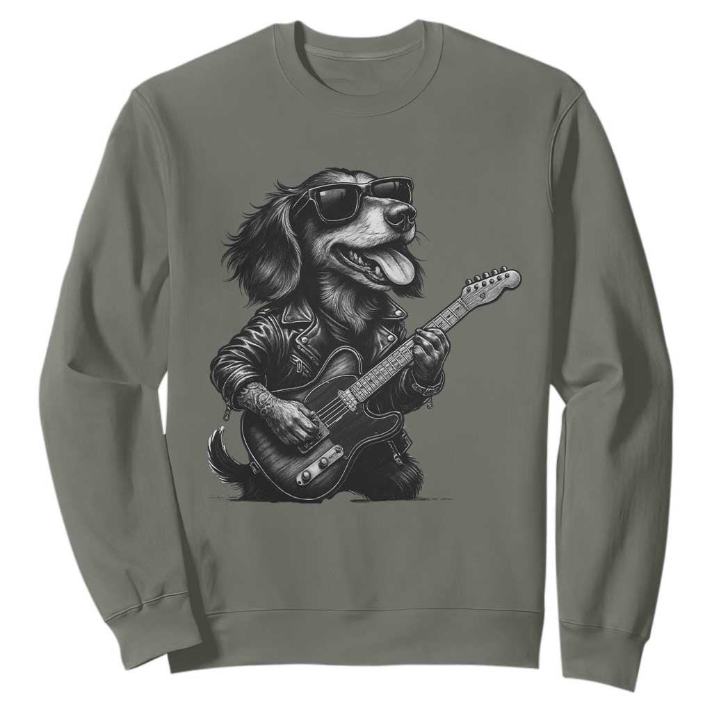 Rock And Roll Dachshund Sweatshirt Dog Playing Guitar Music Lover TS12 Military Green Print Your Wear