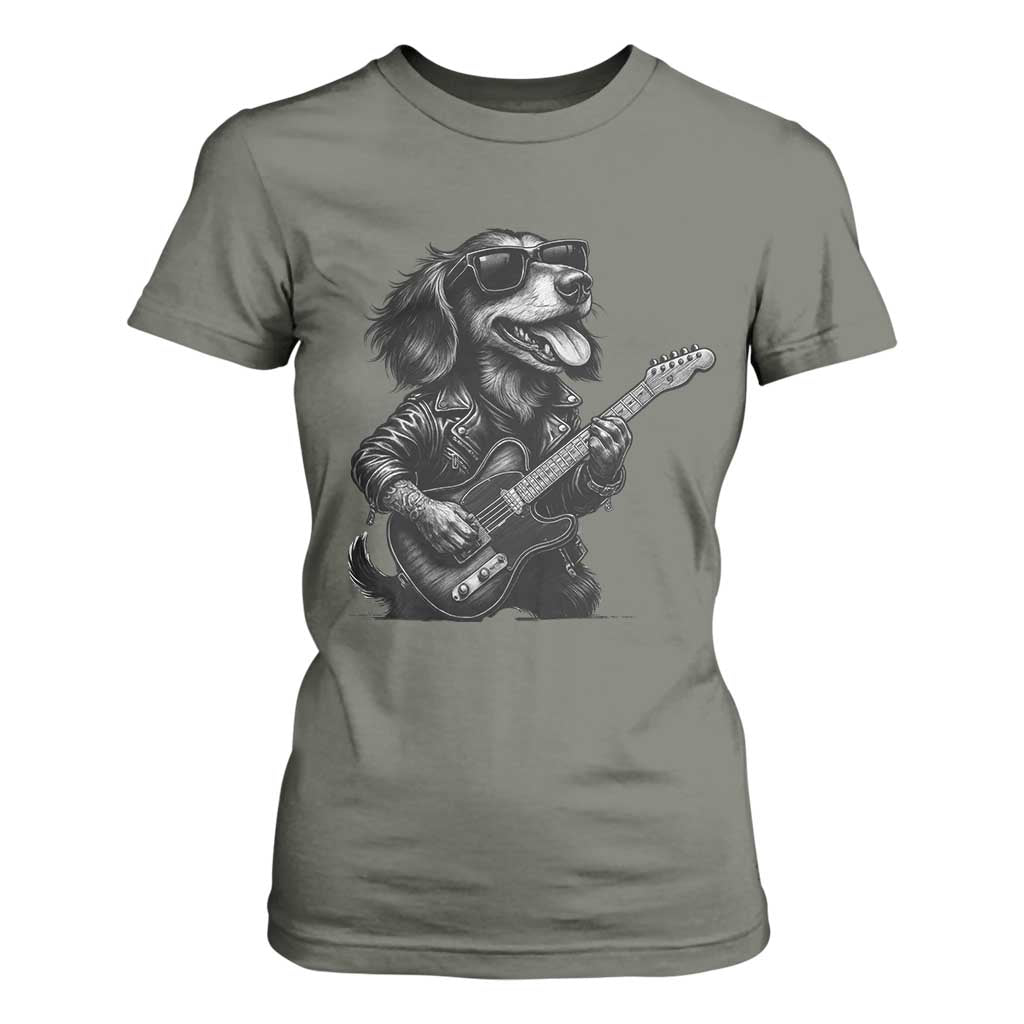 Rock And Roll Dachshund T Shirt For Women Dog Playing Guitar Music Lover TS12 Military Green Print Your Wear