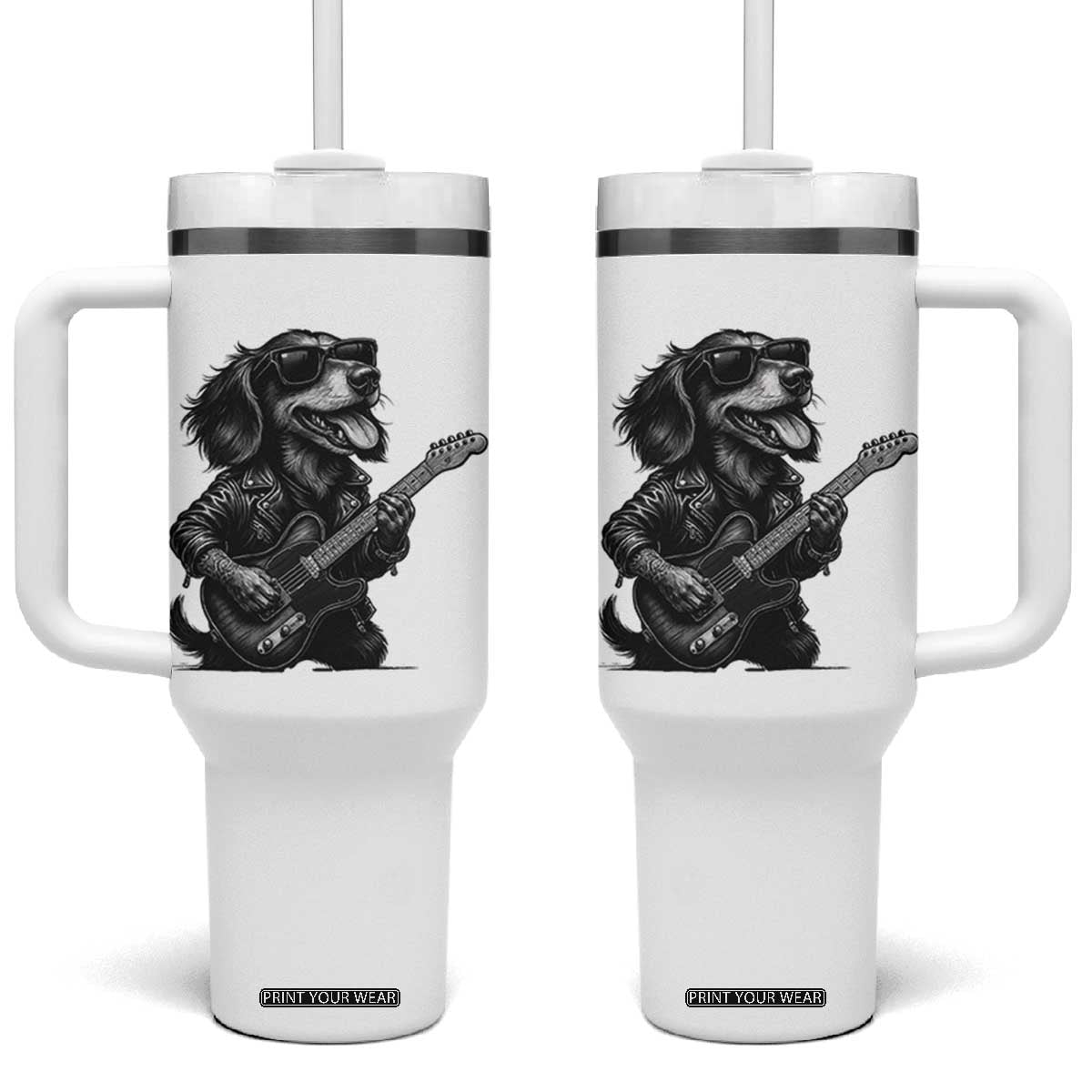 Rock And Roll Dachshund Tumbler With Handle Dog Playing Guitar Music Lover TS12 One Size: 40 oz White Print Your Wear