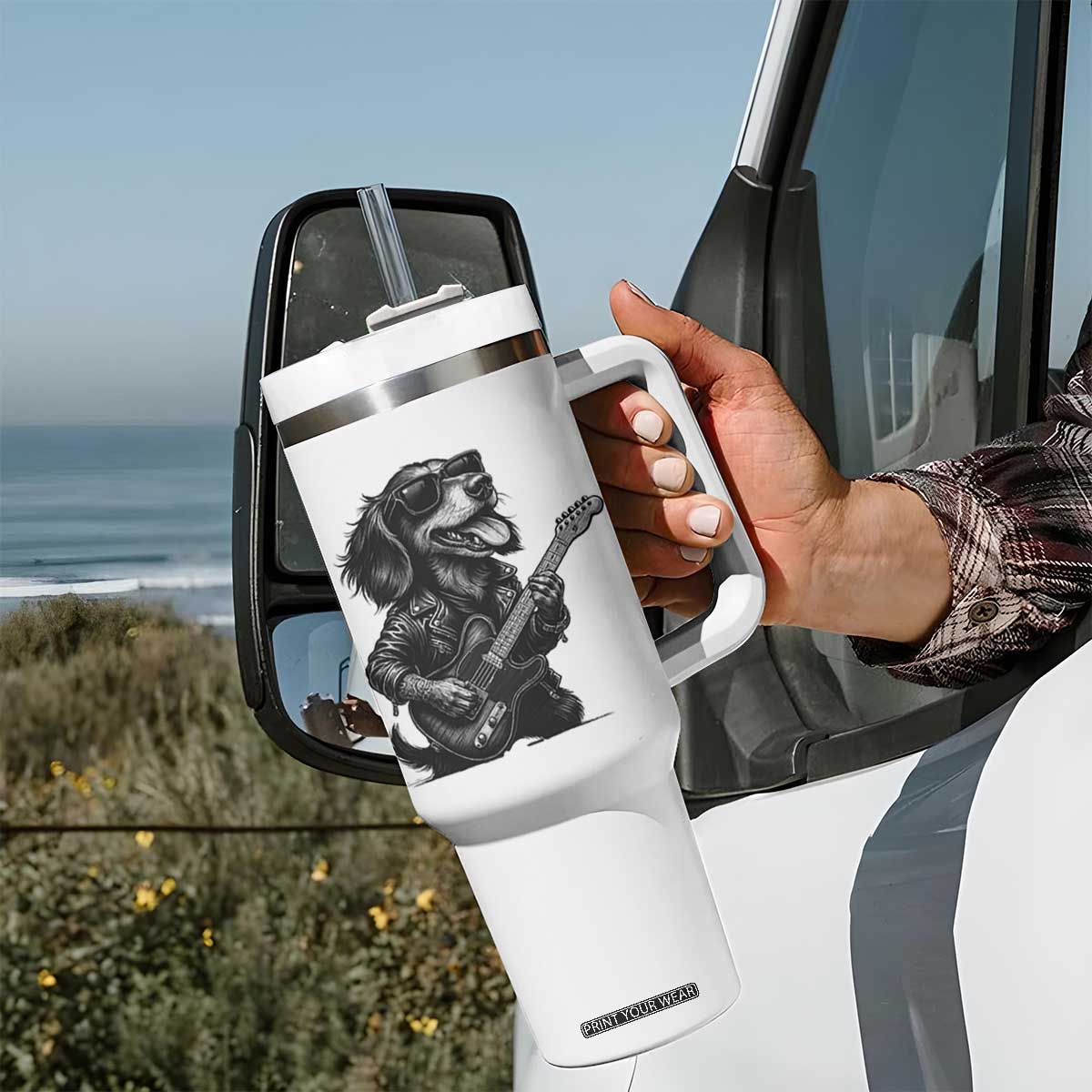 Rock And Roll Dachshund Tumbler With Handle Dog Playing Guitar Music Lover TS12 Print Your Wear