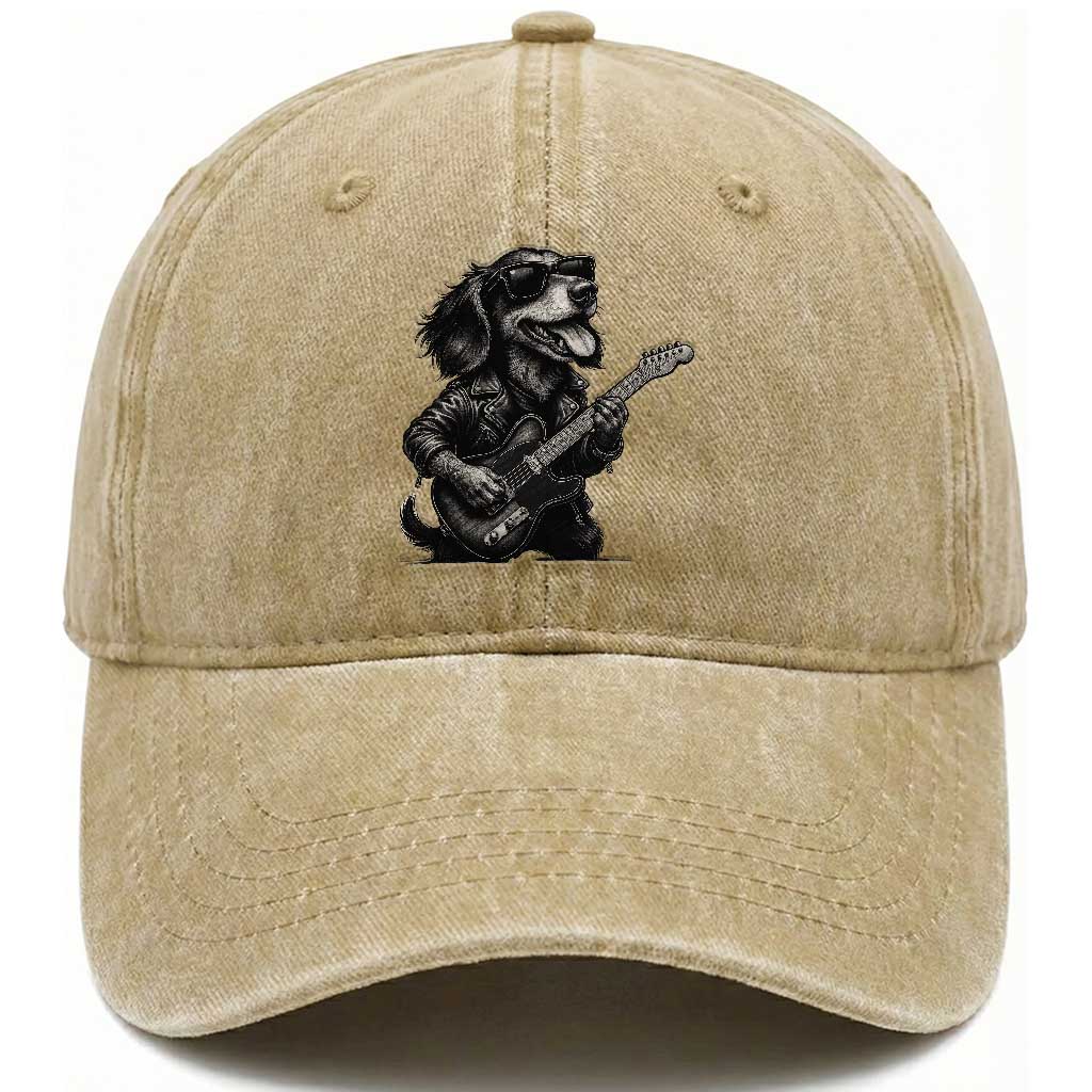 Rock And Roll Dachshund Washed Cotton Baseball Cap Dog Playing Guitar Music Lover TS12 Print Your Wear