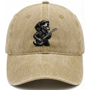Rock And Roll Dachshund Washed Cotton Baseball Cap Dog Playing Guitar Music Lover TS12 Print Your Wear
