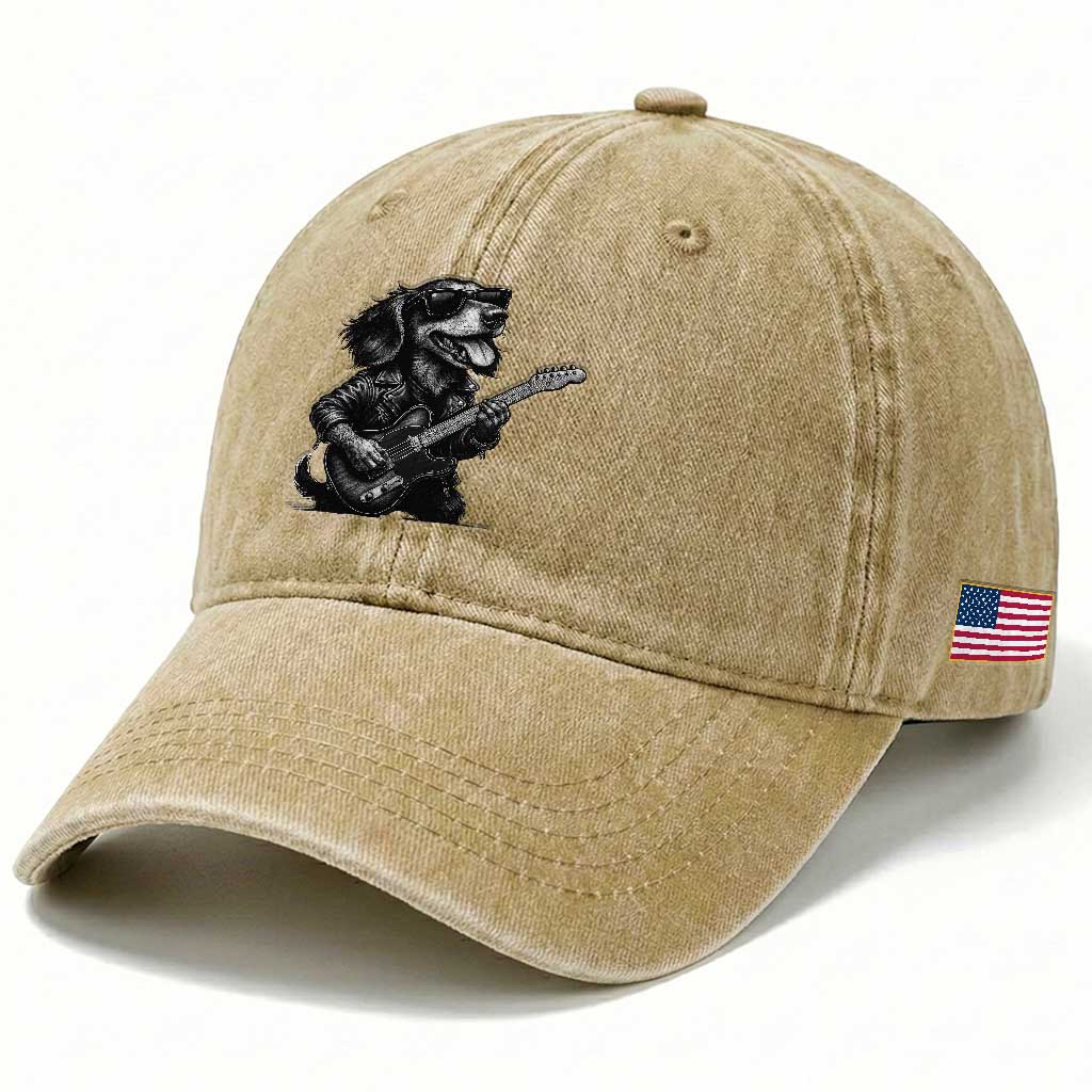 Rock And Roll Dachshund Washed Cotton Baseball Cap Dog Playing Guitar Music Lover TS12 Print Your Wear