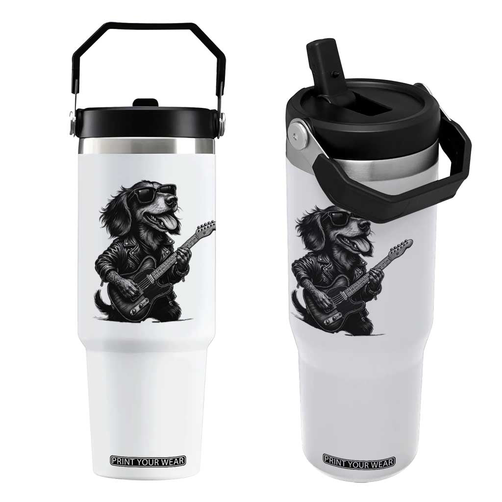 Rock And Roll Dachshund Flip Straw Tumbler Dog Playing Guitar Music Lover TS12 One Size: 30 oz White Print Your Wear