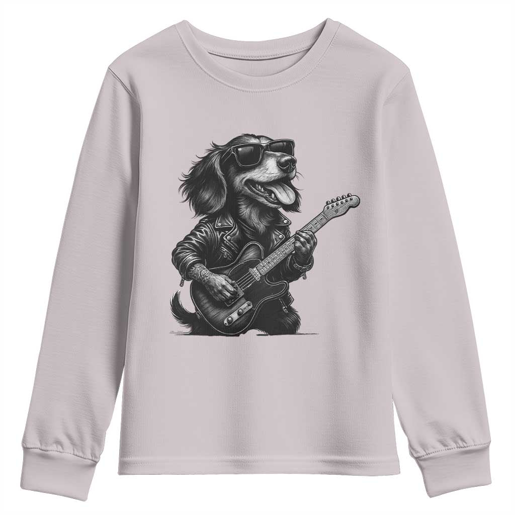 Rock And Roll Dachshund Youth Sweatshirt Dog Playing Guitar Music Lover TS12 Ice Gray Print Your Wear