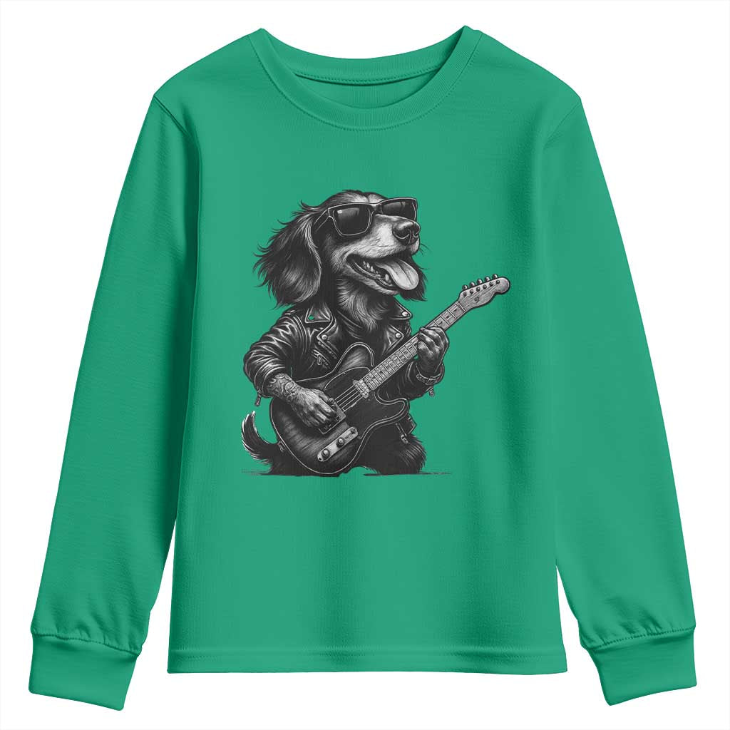 Rock And Roll Dachshund Youth Sweatshirt Dog Playing Guitar Music Lover TS12 Irish Green Print Your Wear
