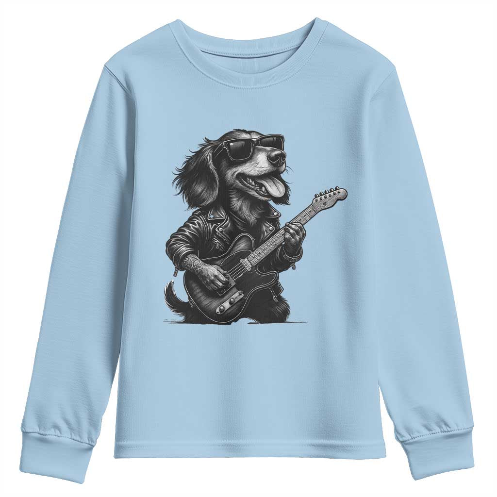 Rock And Roll Dachshund Youth Sweatshirt Dog Playing Guitar Music Lover TS12 Light Blue Print Your Wear